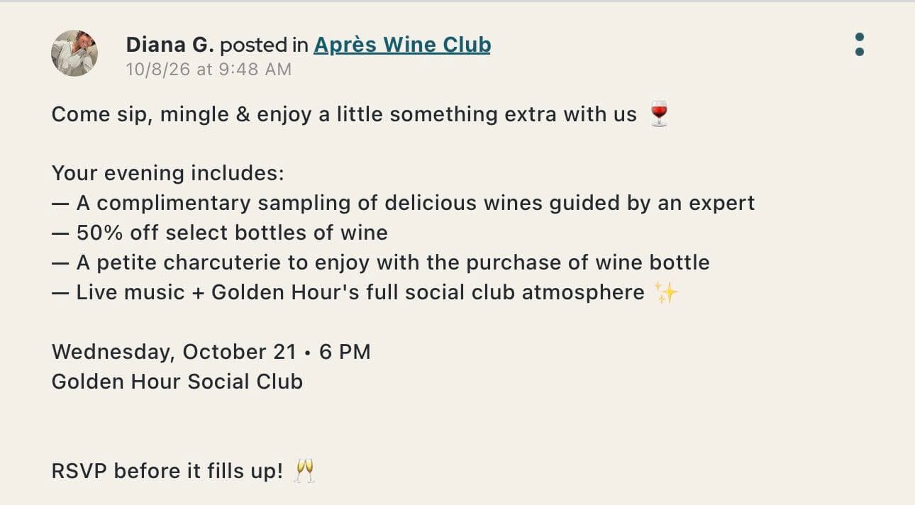 Diana G. posting in Après Wine Club about a Golden Hour tasting