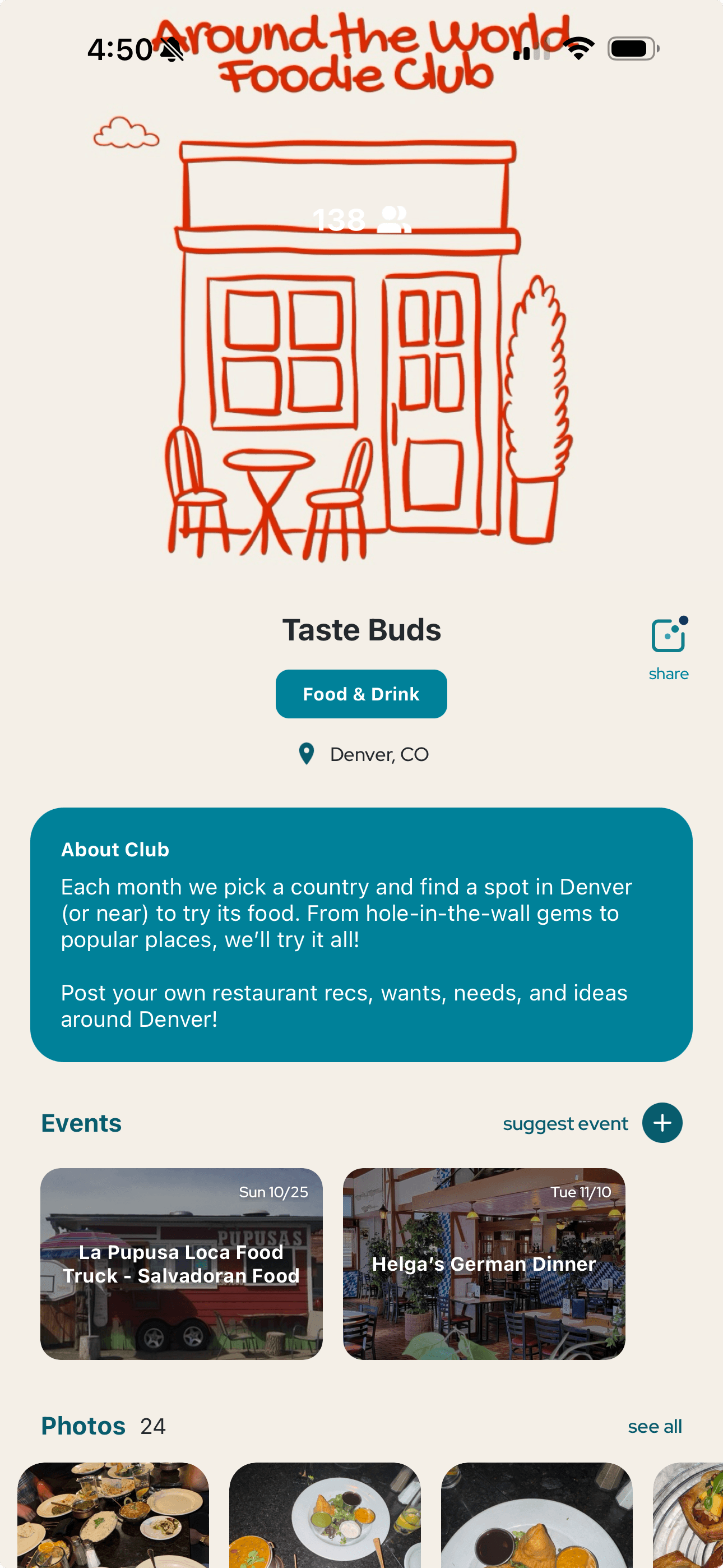 Voro app screenshot showing the Taste Buds club page in Denver