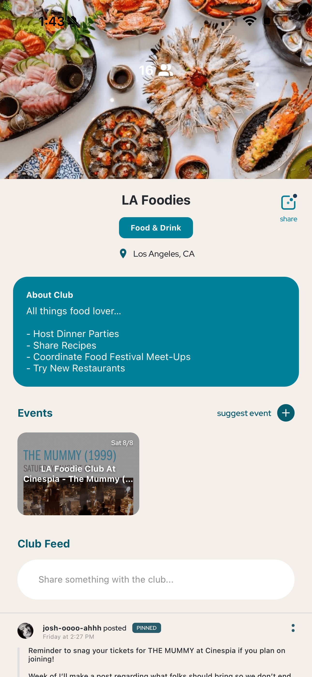 Voro app screenshot showing the LA Foodies club page with events and feed