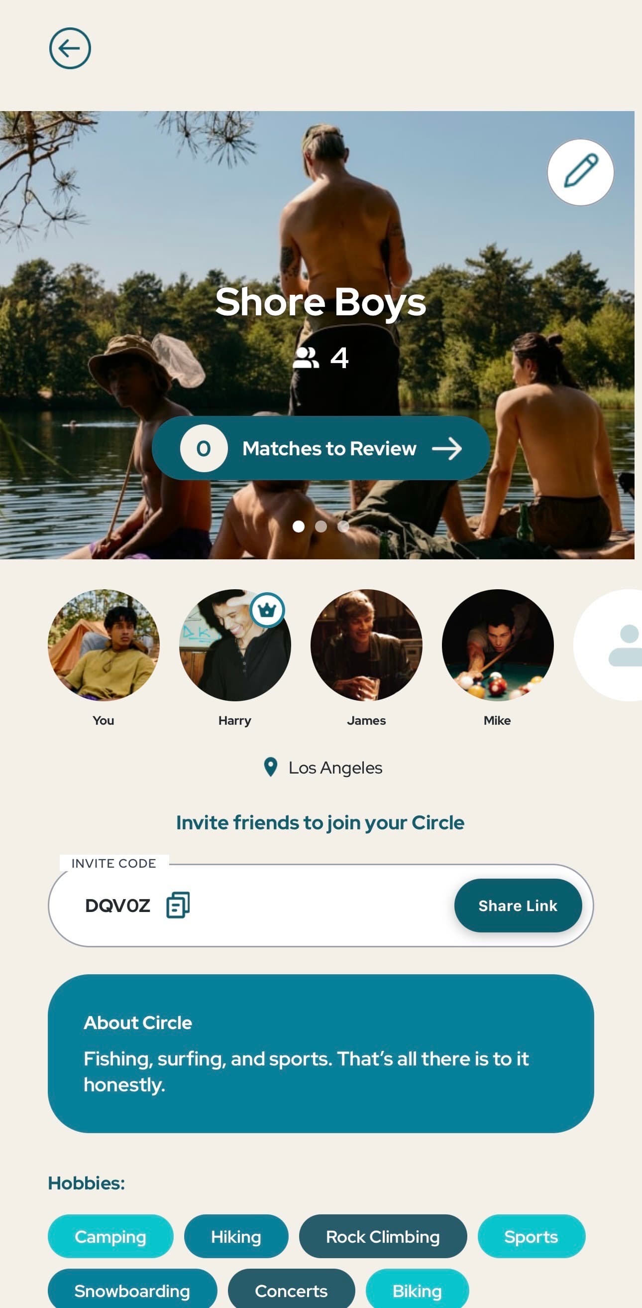 Voro app screenshot showing a Circle group profile with friends